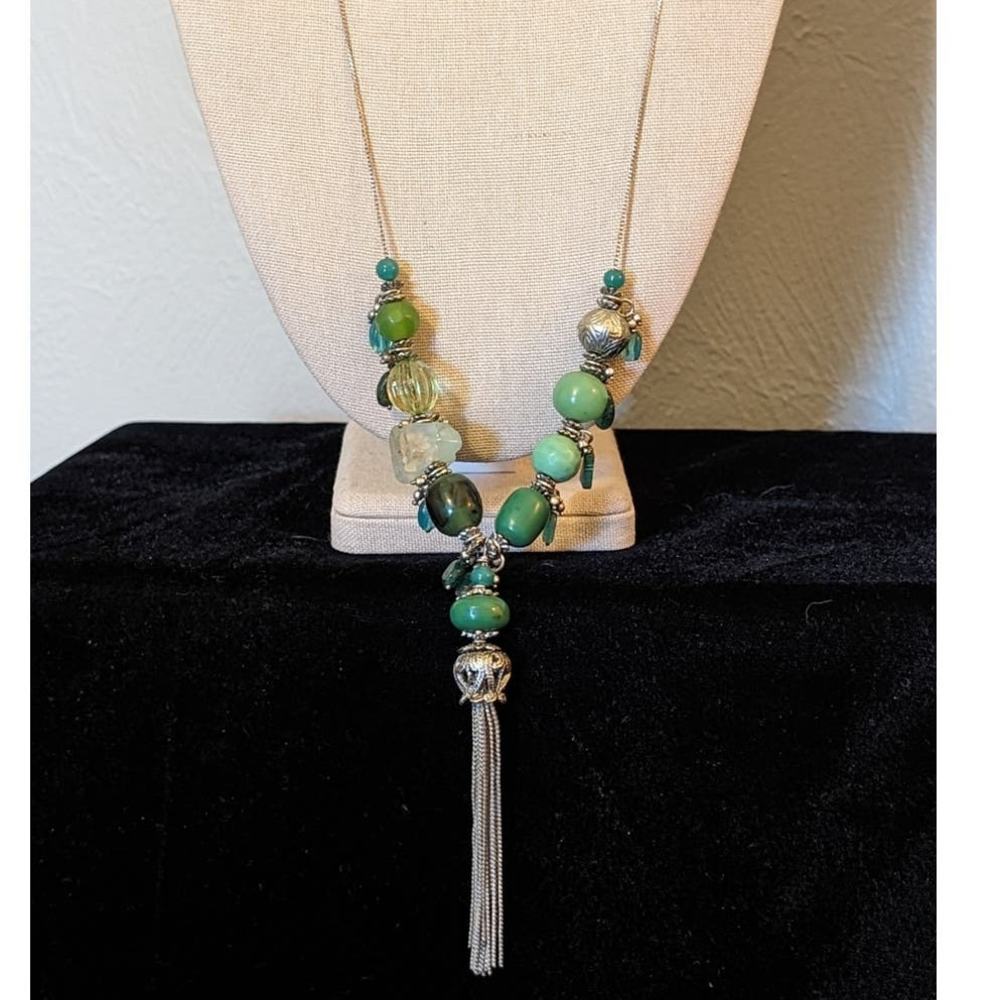 Green Multi-Shape and Color Beaded Silver Tone Tassel Necklace